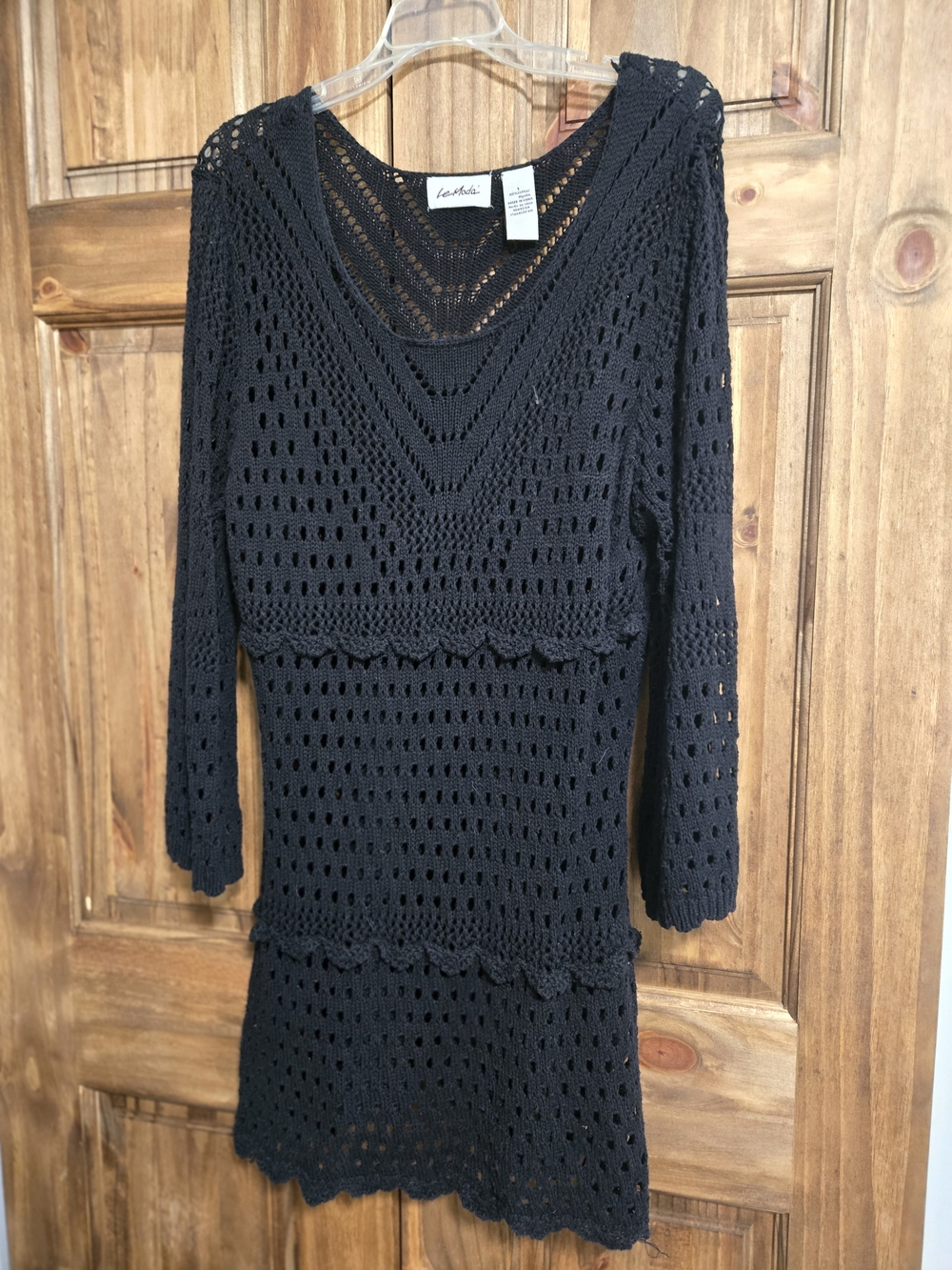 Leslie Fay Black Crochet Long Sleeve Open-Knit Tunic Dress